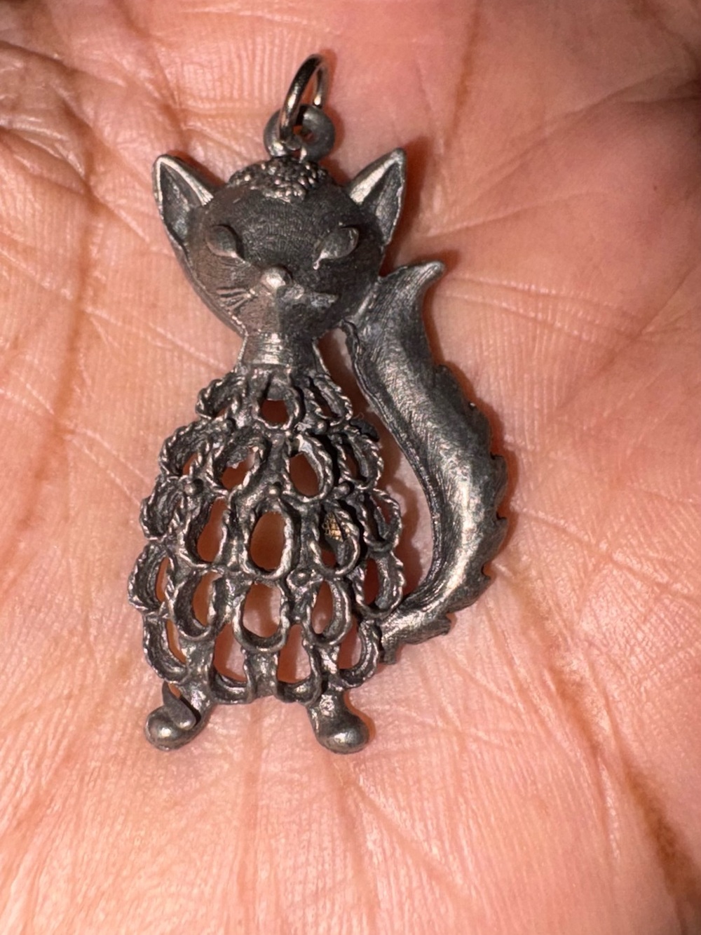 Vintage Silver Tone Cat Pendant Openwork Figural Kitty